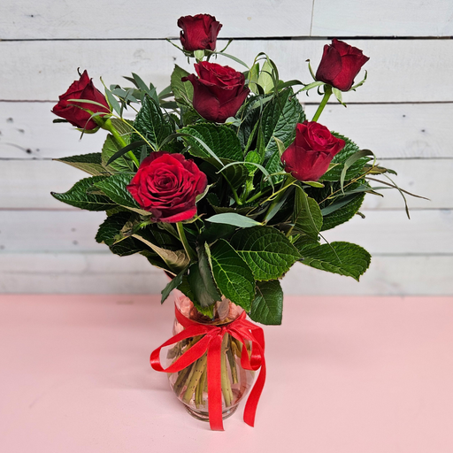 VALENTINES | Half Dozen Deluxe Romantic Red Roses In Pink Glass Vase