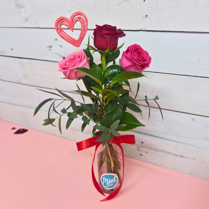 VALENTINES | 3 Stem Rose Pink Vase Arrangement