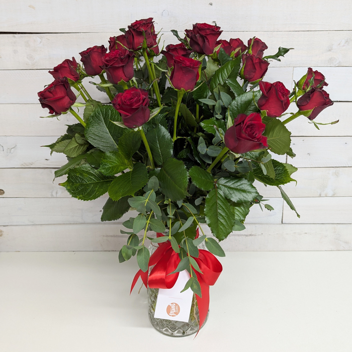 VALENTINES | 'TWO DOZEN' Romantic Red Roses Deluxe Bouquet in Mint Glass Vase