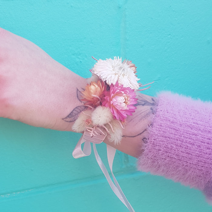 School Ball Wrist Corsage - Dried Flowers